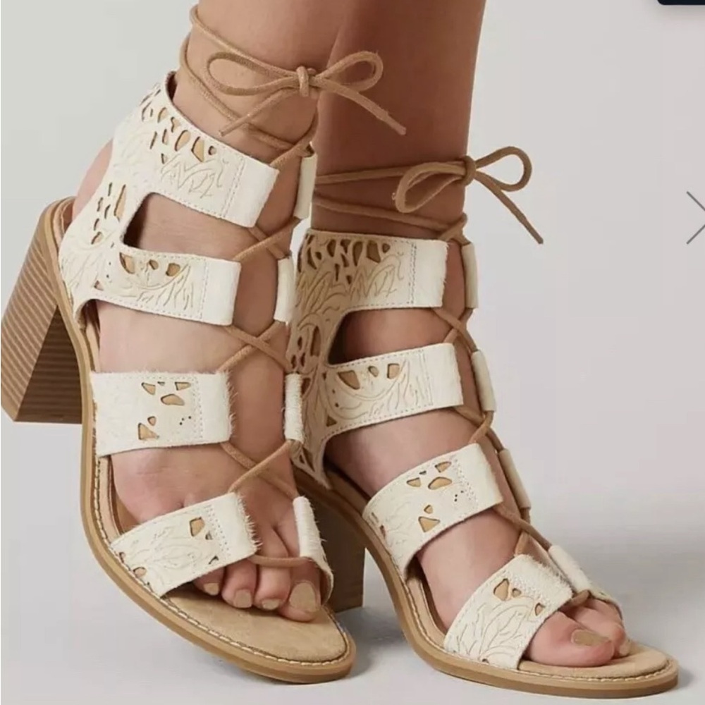 FARYL by Farylrobin White Calf Hair Leather Block Heel Lace Up Sandal